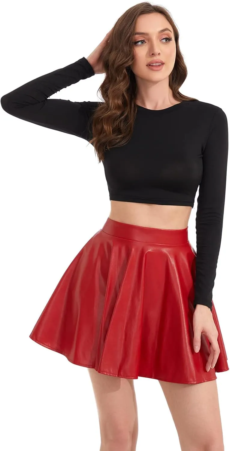 Women's Faux Leather Black Mini Skirt Classic high Waisted Skirt Pleated Skirt PU Black Leather Skirt
