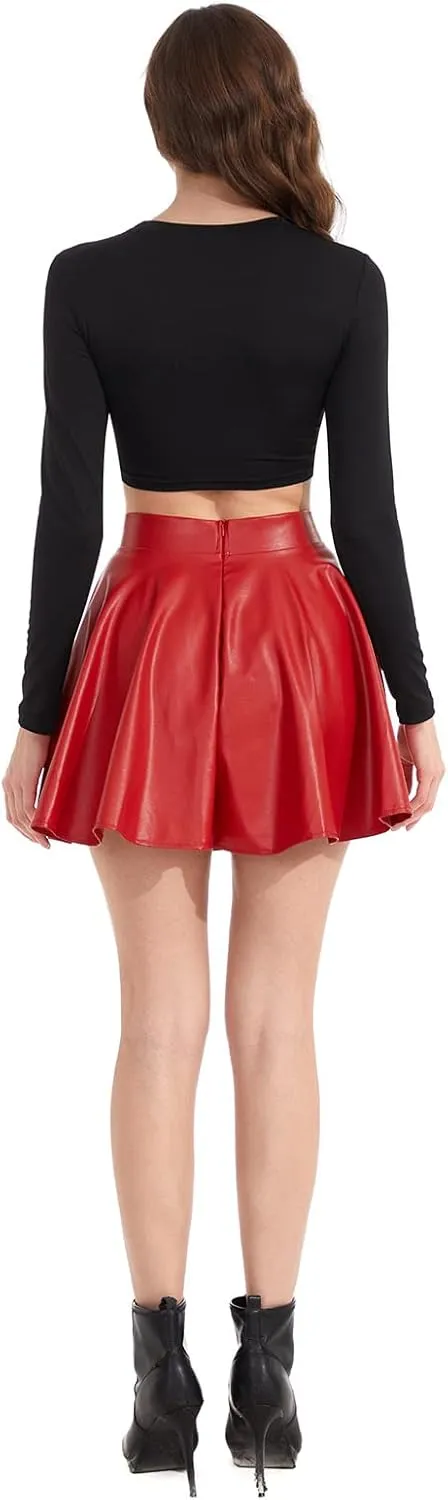 Women's Faux Leather Black Mini Skirt Classic high Waisted Skirt Pleated Skirt PU Black Leather Skirt