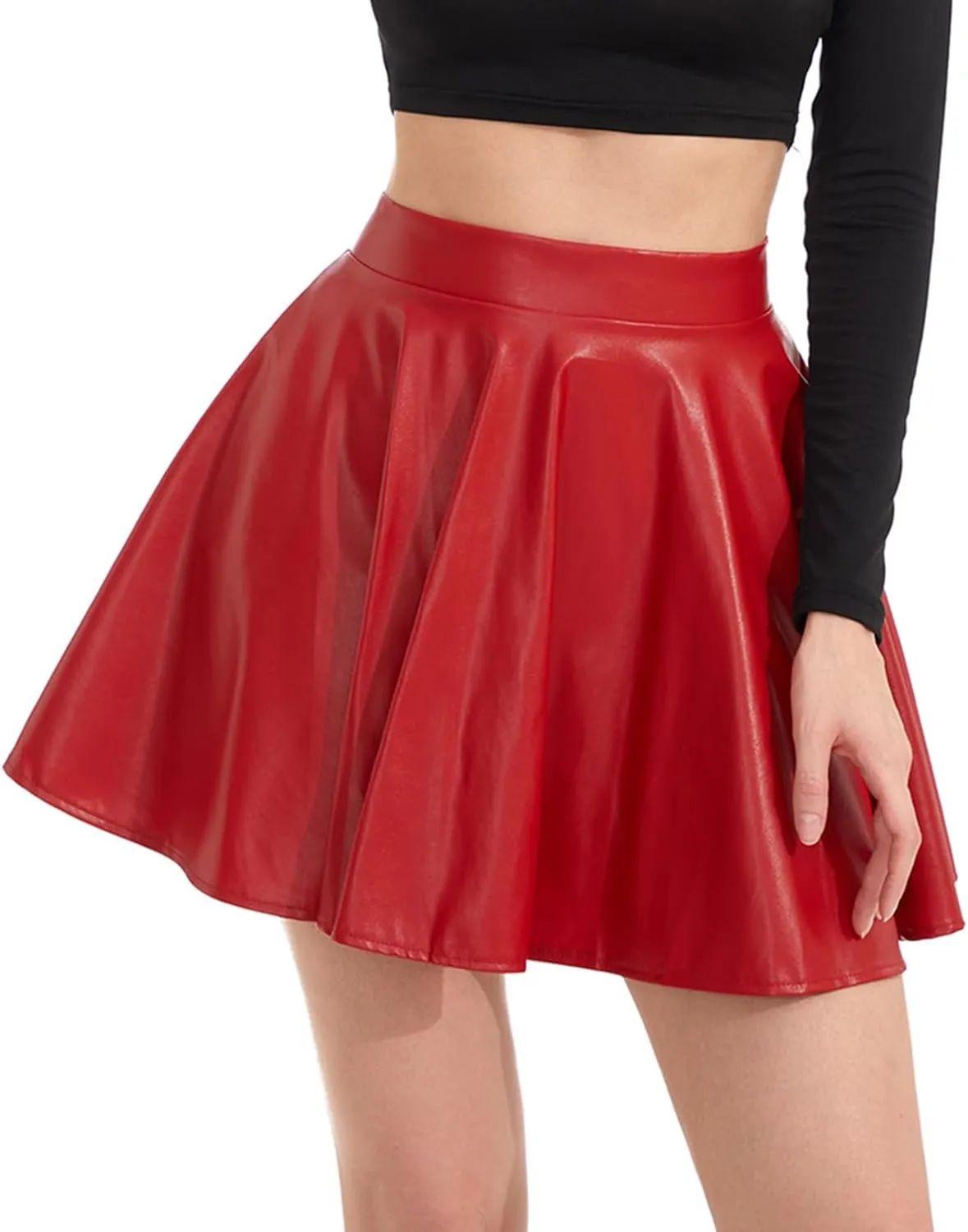 Women's Faux Leather Black Mini Skirt Classic high Waisted Skirt Pleated Skirt PU Black Leather Skirt