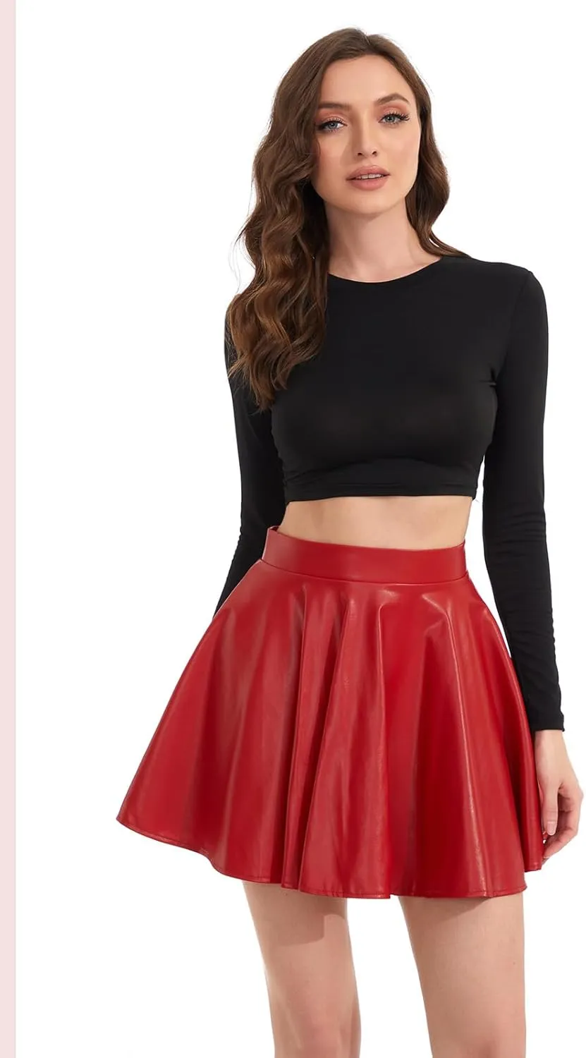 Women's Faux Leather Black Mini Skirt Classic high Waisted Skirt Pleated Skirt PU Black Leather Skirt