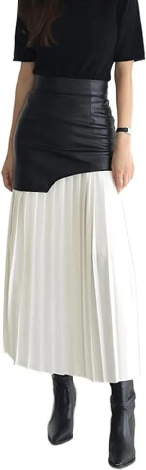 Women's Faux Leather Skirt Long Patchwork A-line Wrap Pleated PU Leather Midi Skirt Bodycon