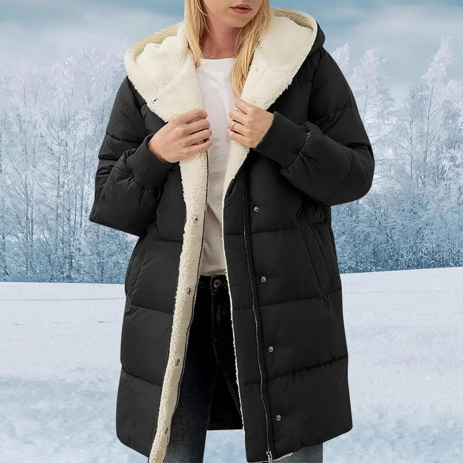 Women's Fleece Lined WInter Warm Coats Thick Padded Button Down Hooded Cotton Jackets with Pockets Outdoor Outerwear