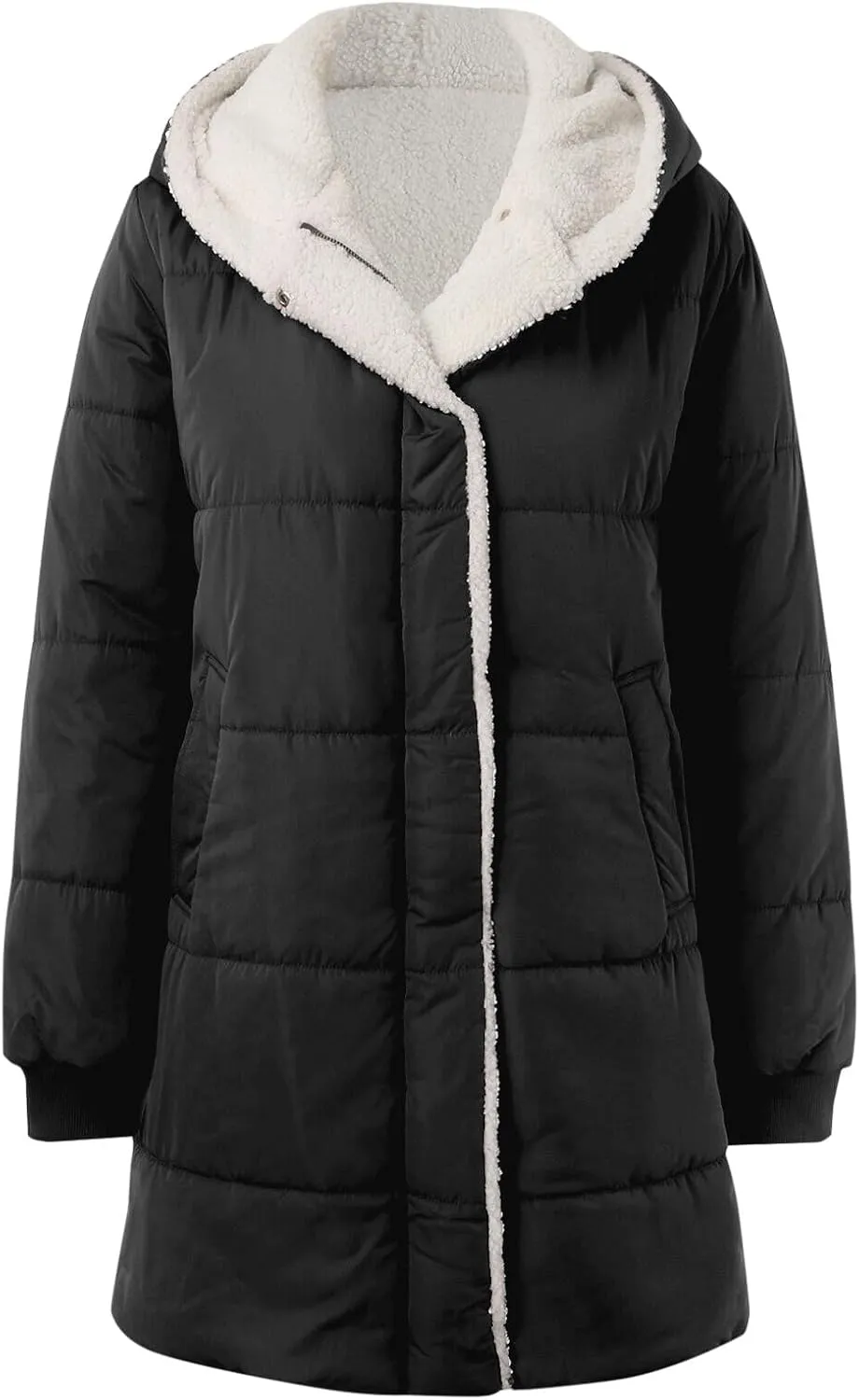 Women's Fleece Lined WInter Warm Coats Thick Padded Button Down Hooded Cotton Jackets with Pockets Outdoor Outerwear