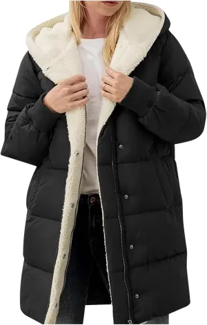 Women's Fleece Lined WInter Warm Coats Thick Padded Button Down Hooded Cotton Jackets with Pockets Outdoor Outerwear