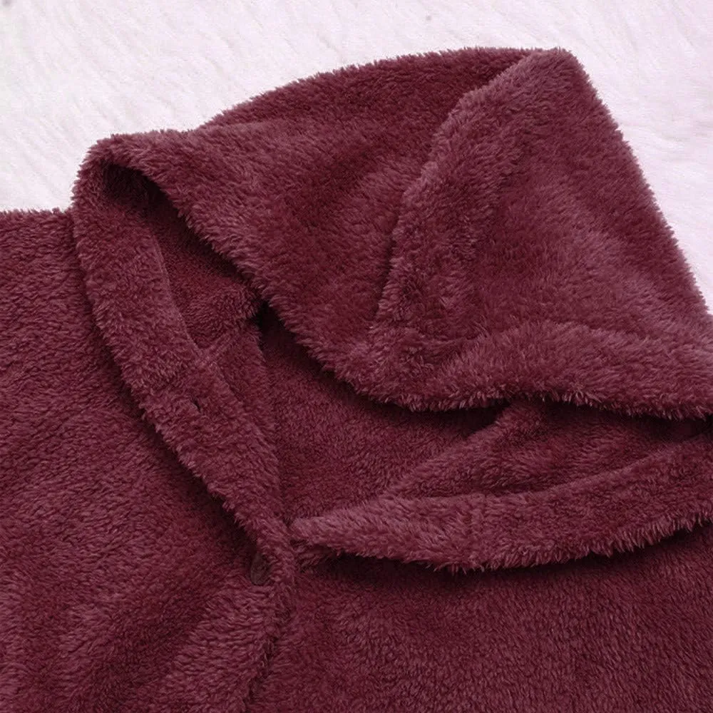 Women's Fleece Sherpa Jacket with Hood Plus Size Fuzzy Winter Coat Casual Loose Fit Bottun Up Solid Fluffy Teddy Coat
