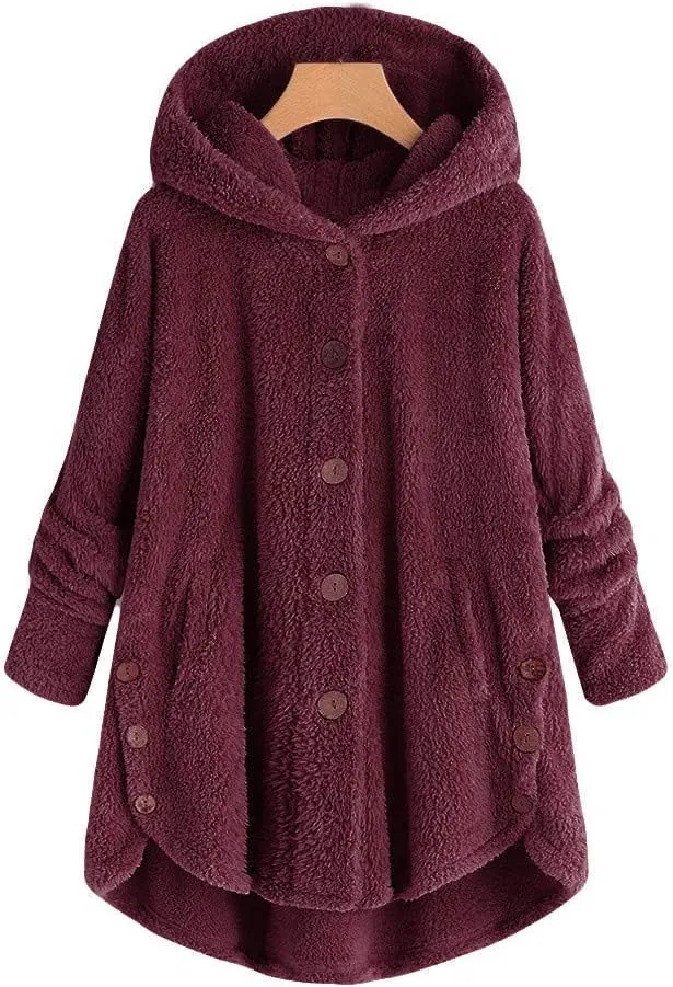 Women's Fleece Sherpa Jacket with Hood Plus Size Fuzzy Winter Coat Casual Loose Fit Bottun Up Solid Fluffy Teddy Coat