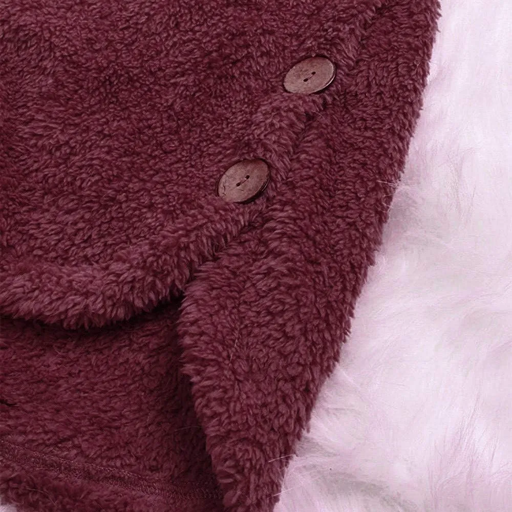 Women's Fleece Sherpa Jacket with Hood Plus Size Fuzzy Winter Coat Casual Loose Fit Bottun Up Solid Fluffy Teddy Coat