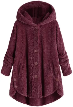 Women's Fleece Sherpa Jacket with Hood Plus Size Fuzzy Winter Coat Casual Loose Fit Bottun Up Solid Fluffy Teddy Coat