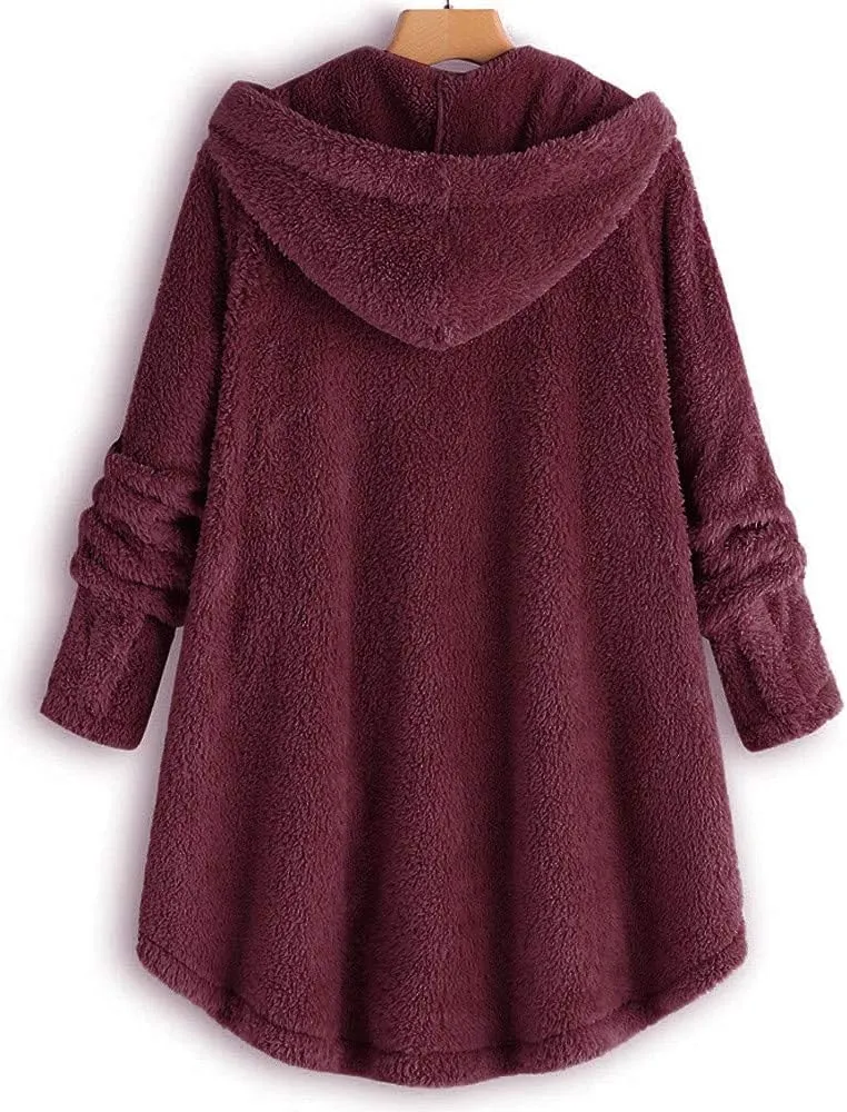 Women's Fleece Sherpa Jacket with Hood Plus Size Fuzzy Winter Coat Casual Loose Fit Bottun Up Solid Fluffy Teddy Coat