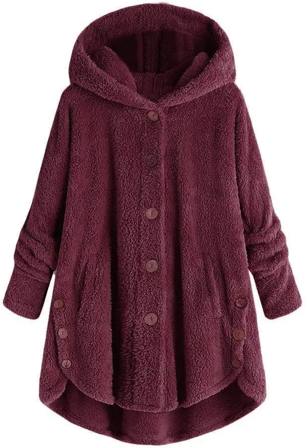Women's Fleece Sherpa Jacket with Hood Plus Size Fuzzy Winter Coat Casual Loose Fit Bottun Up Solid Fluffy Teddy Coat