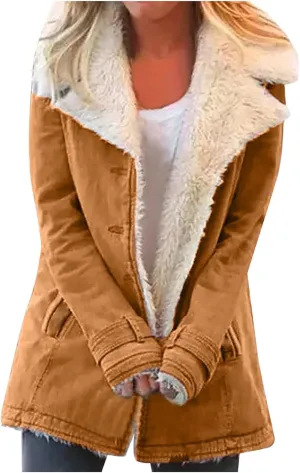 Womens Fleece Winter Jackets Plush Lapel Button Slim Fuzzy Jackets Plus Size Warm Furry Blazer Faux Fur Sherpa Coat