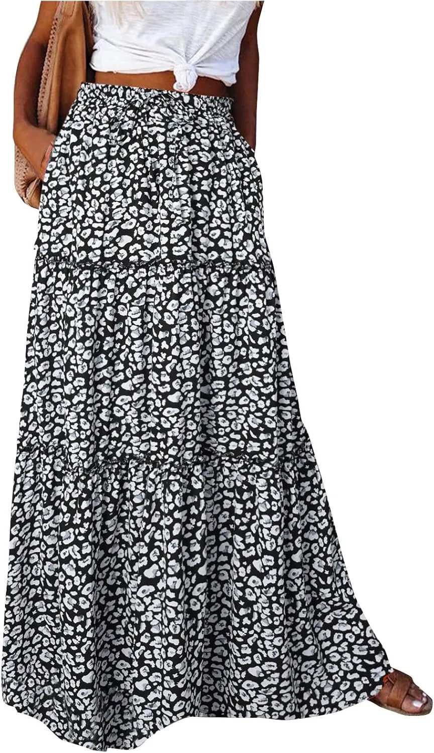 Women's Floral Print Midi Skirts 2025 Summer Aline Elastic High Waist Pleated Flowy Long Skirt Pockets Cute Skirts