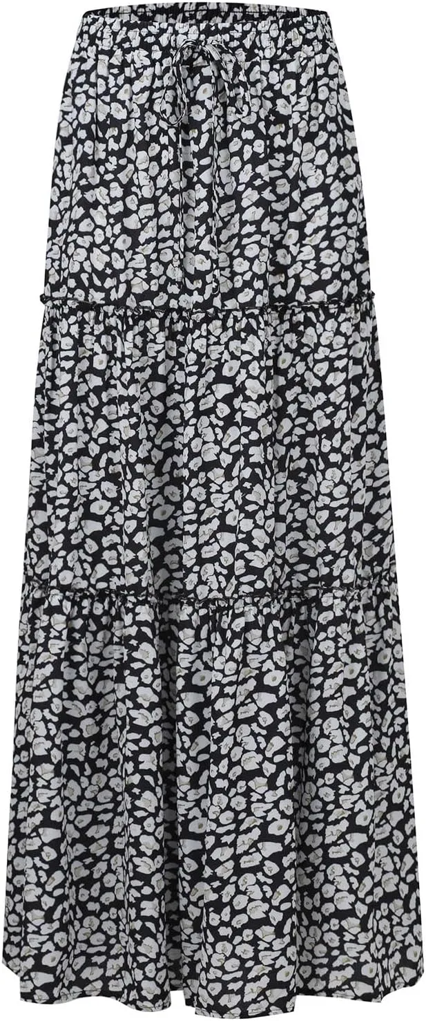 Women's Floral Print Midi Skirts 2025 Summer Aline Elastic High Waist Pleated Flowy Long Skirt Pockets Cute Skirts
