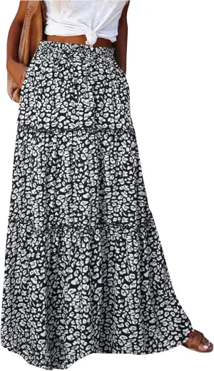 Women's Floral Print Midi Skirts 2025 Summer Aline Elastic High Waist Pleated Flowy Long Skirt Pockets Cute Skirts