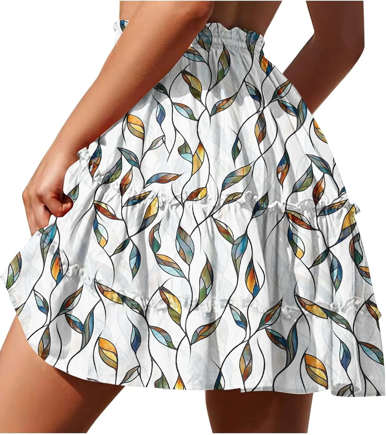Womens Flowy High Waist Pleated Mini Skirts Casual Boho Floral Ruffle Tiered Skorts Cute Summer Fashion Shorts