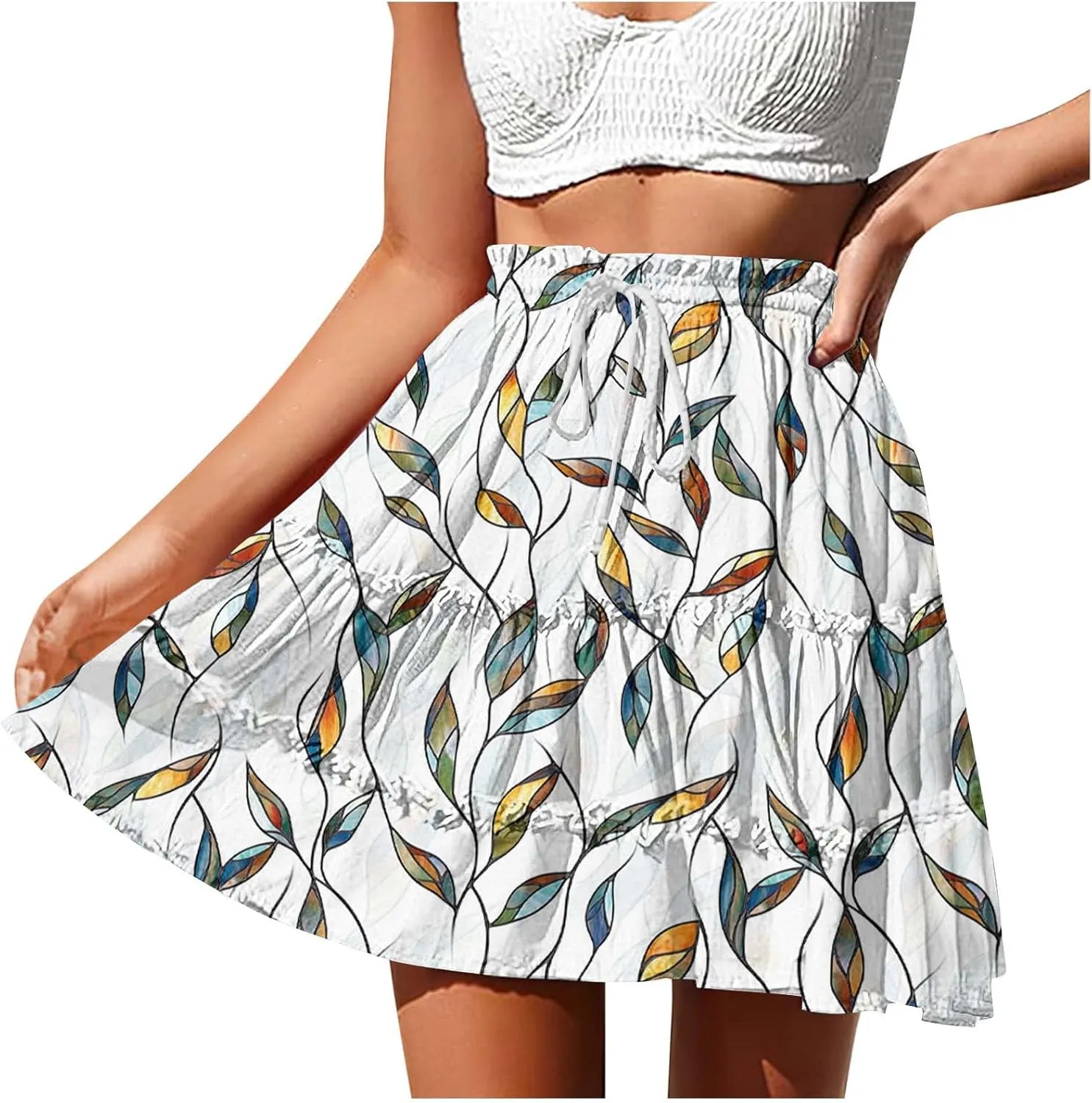 Womens Flowy High Waist Pleated Mini Skirts Casual Boho Floral Ruffle Tiered Skorts Cute Summer Fashion Shorts