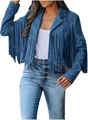 Women's Fringe Jacket Faux Suede Leather Jackets 2024 Fashion Tassel Motorcycle Cropped Coats Fall Outfits
