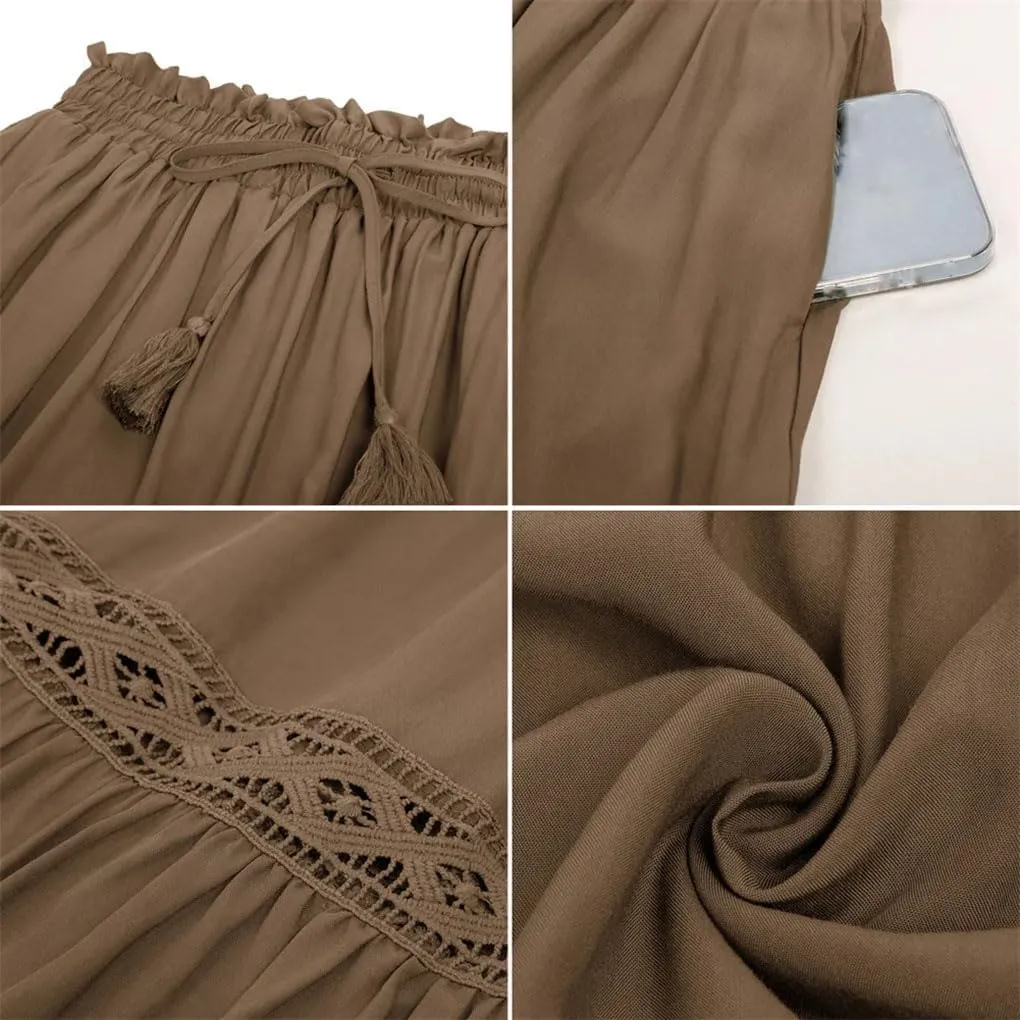 Womens High Waist A-Line Skirts Solid Color Tie Midi Casual Swing Skirt