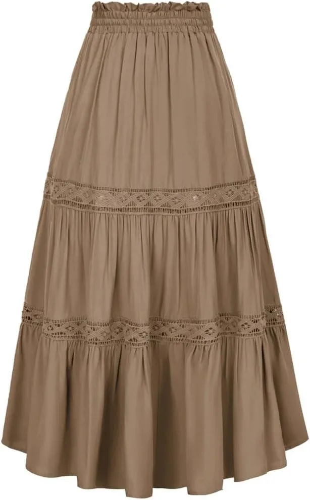 Womens High Waist A-Line Skirts Solid Color Tie Midi Casual Swing Skirt