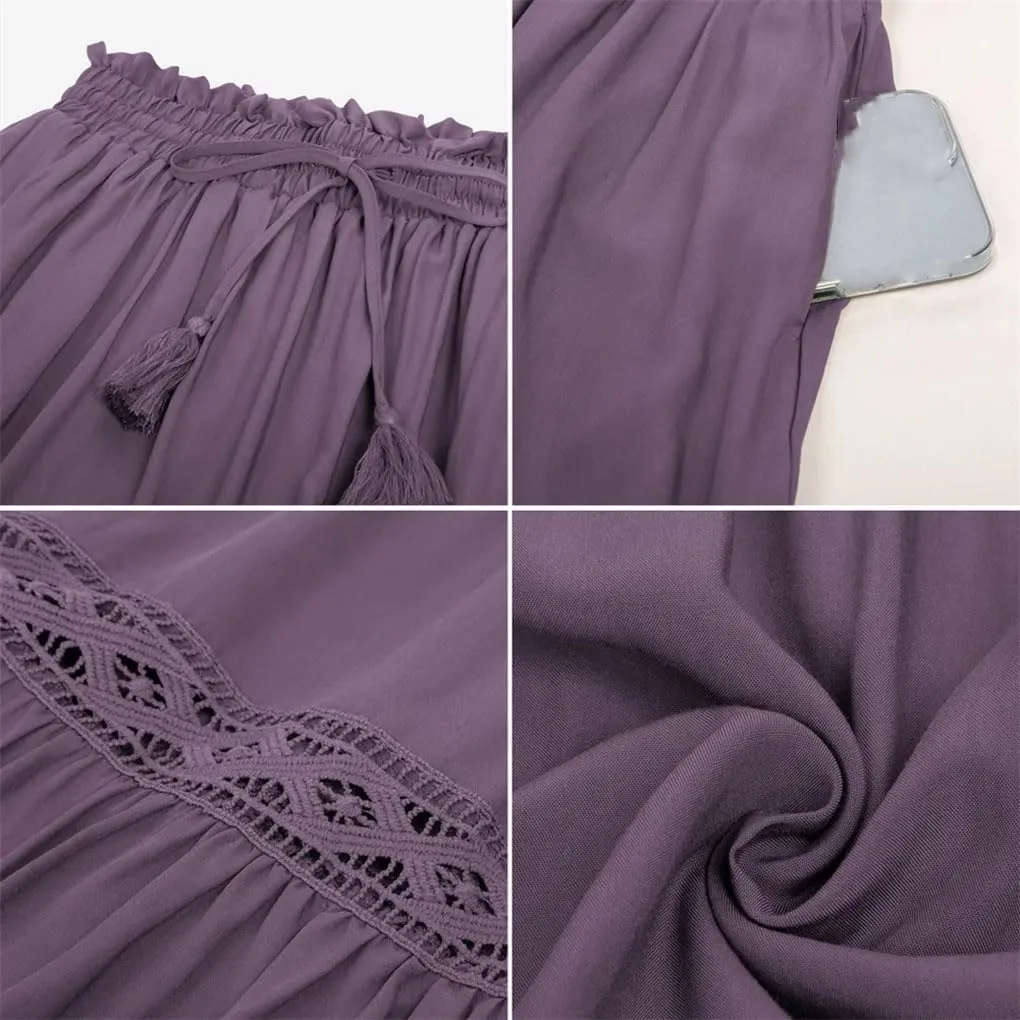 Womens High Waist A-Line Skirts Solid Color Tie Midi Casual Swing Skirt