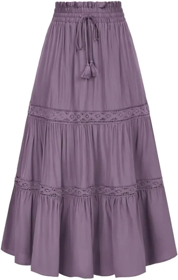 Womens High Waist A-Line Skirts Solid Color Tie Midi Casual Swing Skirt