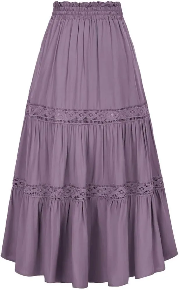 Womens High Waist A-Line Skirts Solid Color Tie Midi Casual Swing Skirt