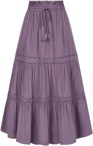 Womens High Waist A-Line Skirts Solid Color Tie Midi Casual Swing Skirt