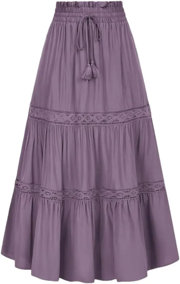 Womens High Waist A-Line Skirts Solid Color Tie Midi Casual Swing Skirt