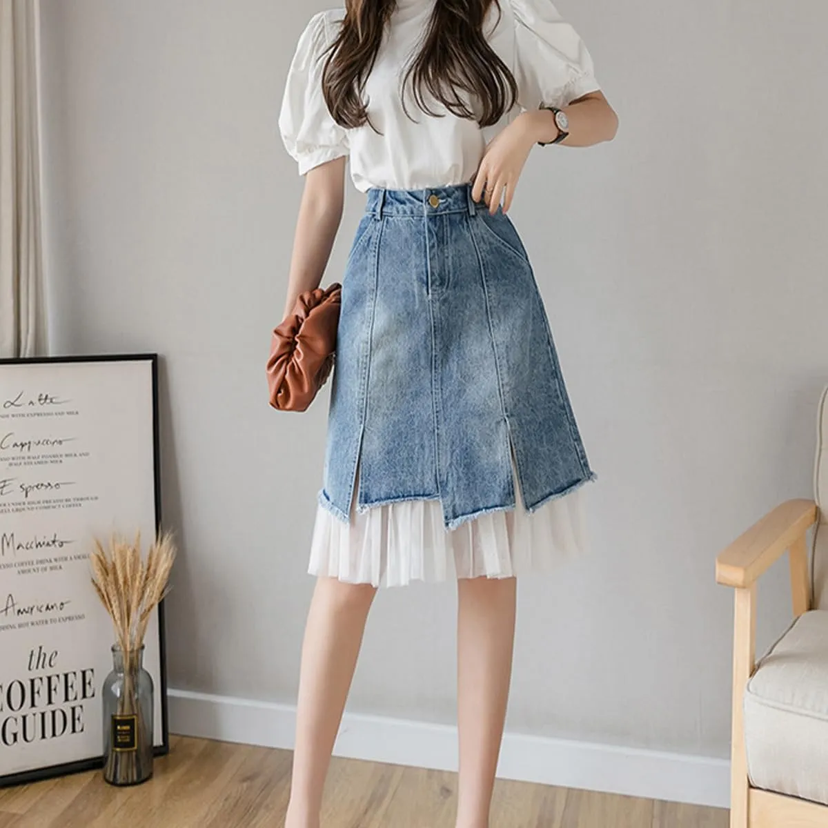 Women's High Waist Vintage Denim Skirt A-Line Lace Double Layer Splicing Y2K Casual Fashion Jean Midi Skirt