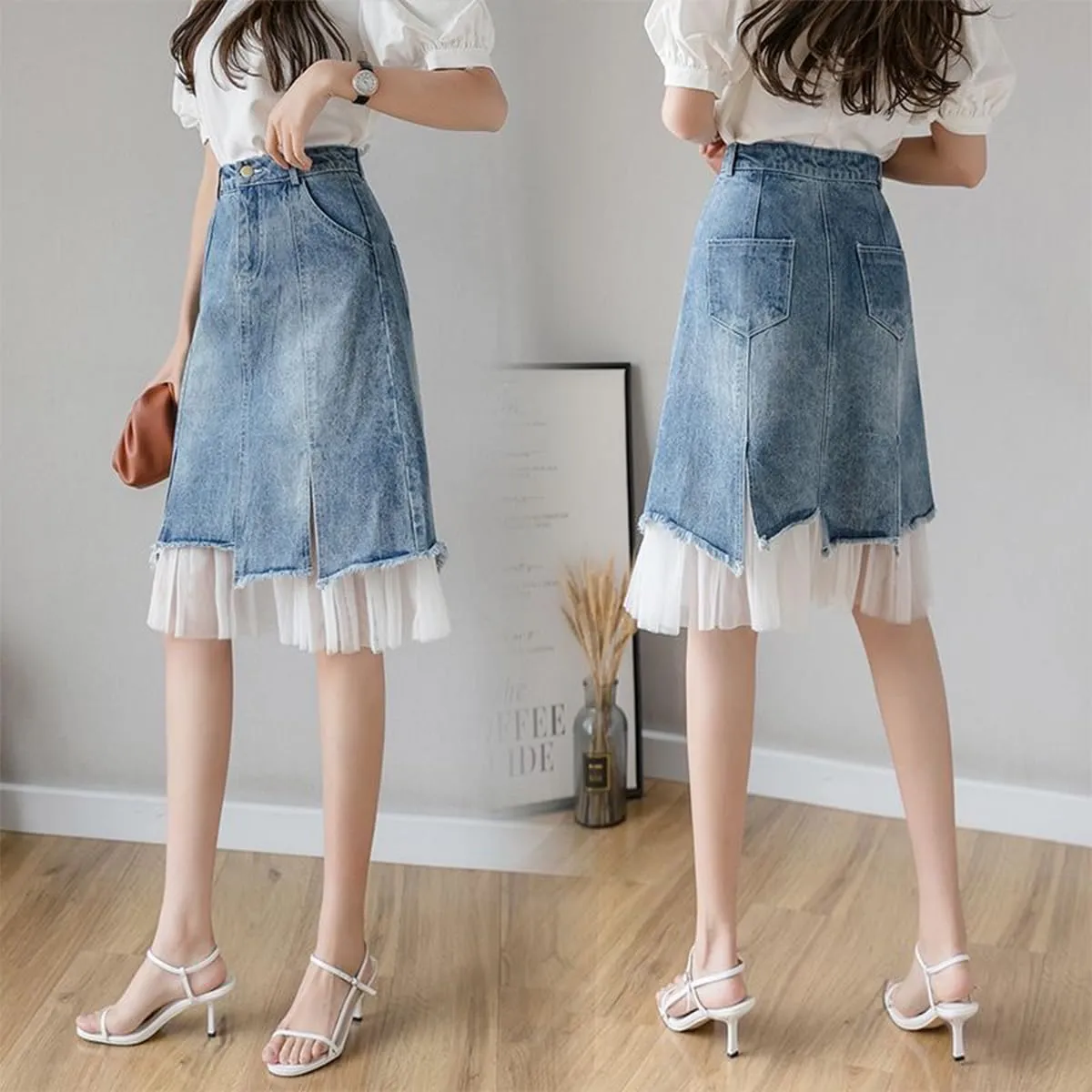 Women's High Waist Vintage Denim Skirt A-Line Lace Double Layer Splicing Y2K Casual Fashion Jean Midi Skirt
