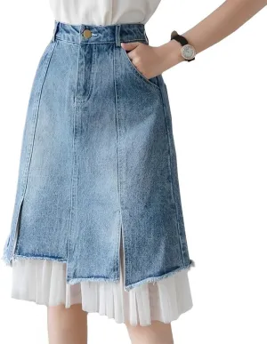 Women's High Waist Vintage Denim Skirt A-Line Lace Double Layer Splicing Y2K Casual Fashion Jean Midi Skirt