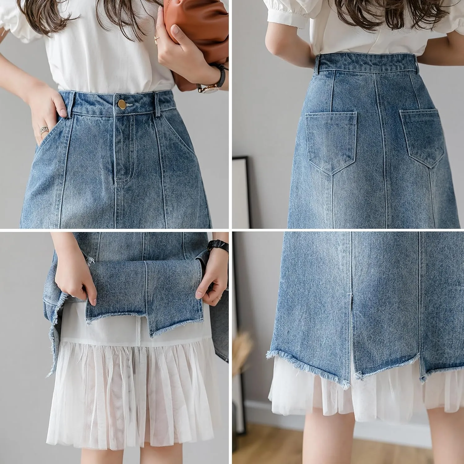 Women's High Waist Vintage Denim Skirt A-Line Lace Double Layer Splicing Y2K Casual Fashion Jean Midi Skirt