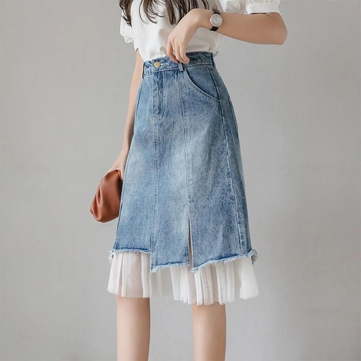 Women's High Waist Vintage Denim Skirt A-Line Lace Double Layer Splicing Y2K Casual Fashion Jean Midi Skirt