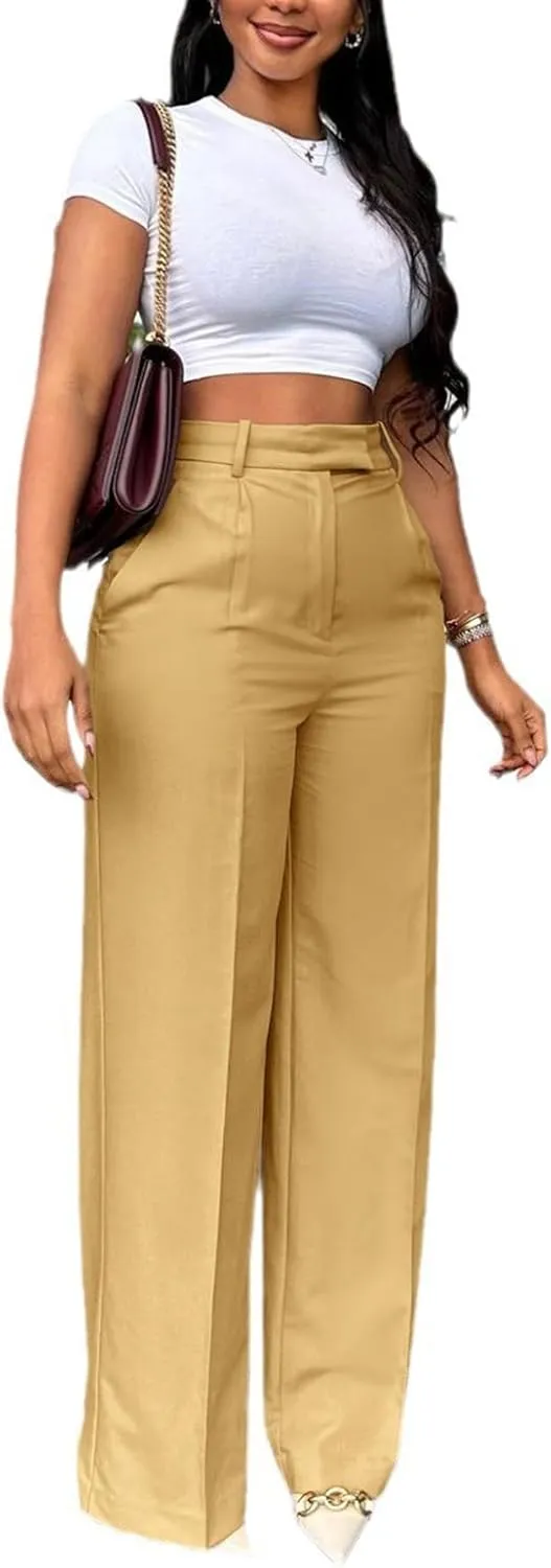 Women's High Waisted Dress Pants Stretchy Business Casual Pants Straight Leg Work Trousers with Pockets