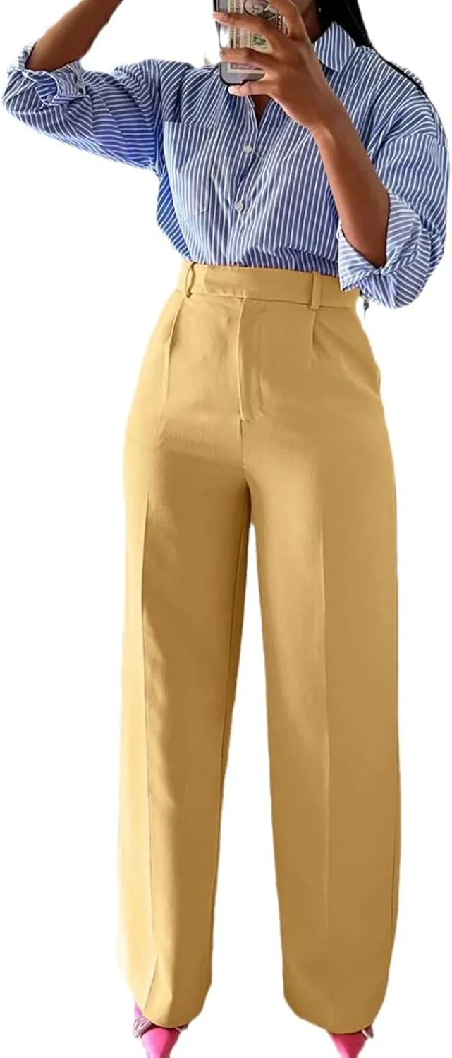 Women's High Waisted Dress Pants Stretchy Business Casual Pants Straight Leg Work Trousers with Pockets