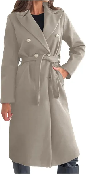 Womens Long Coat Double Breasted Trench Coat Classic Notch Lapel Slim Overcoat Business Casual Fall Winter Clothes