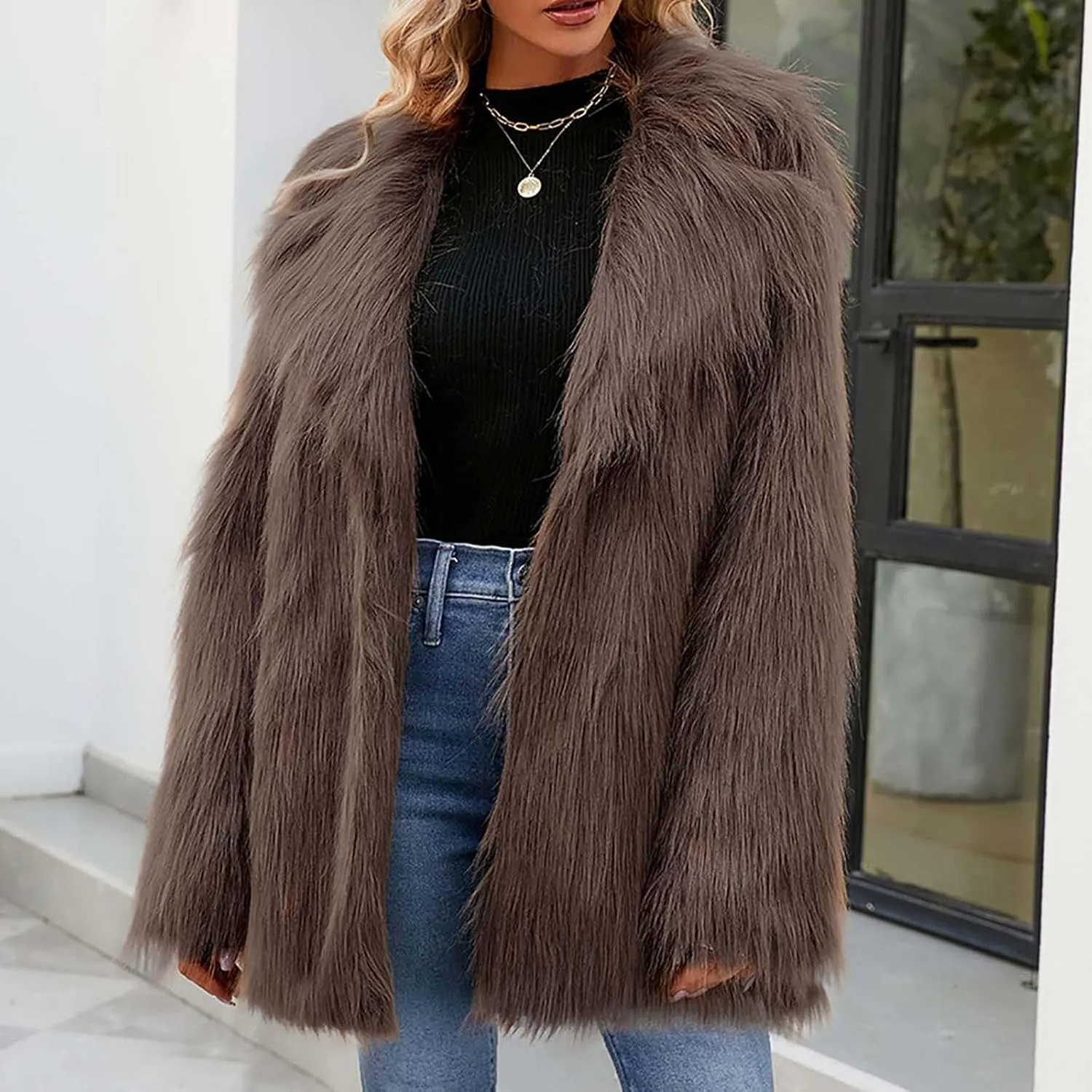 Women's Long Lapel Faux Fur Jacket Plush Shaggy Coat Elegant Warm Outerwear Cardigan Fall Winter Thicken Party Coats