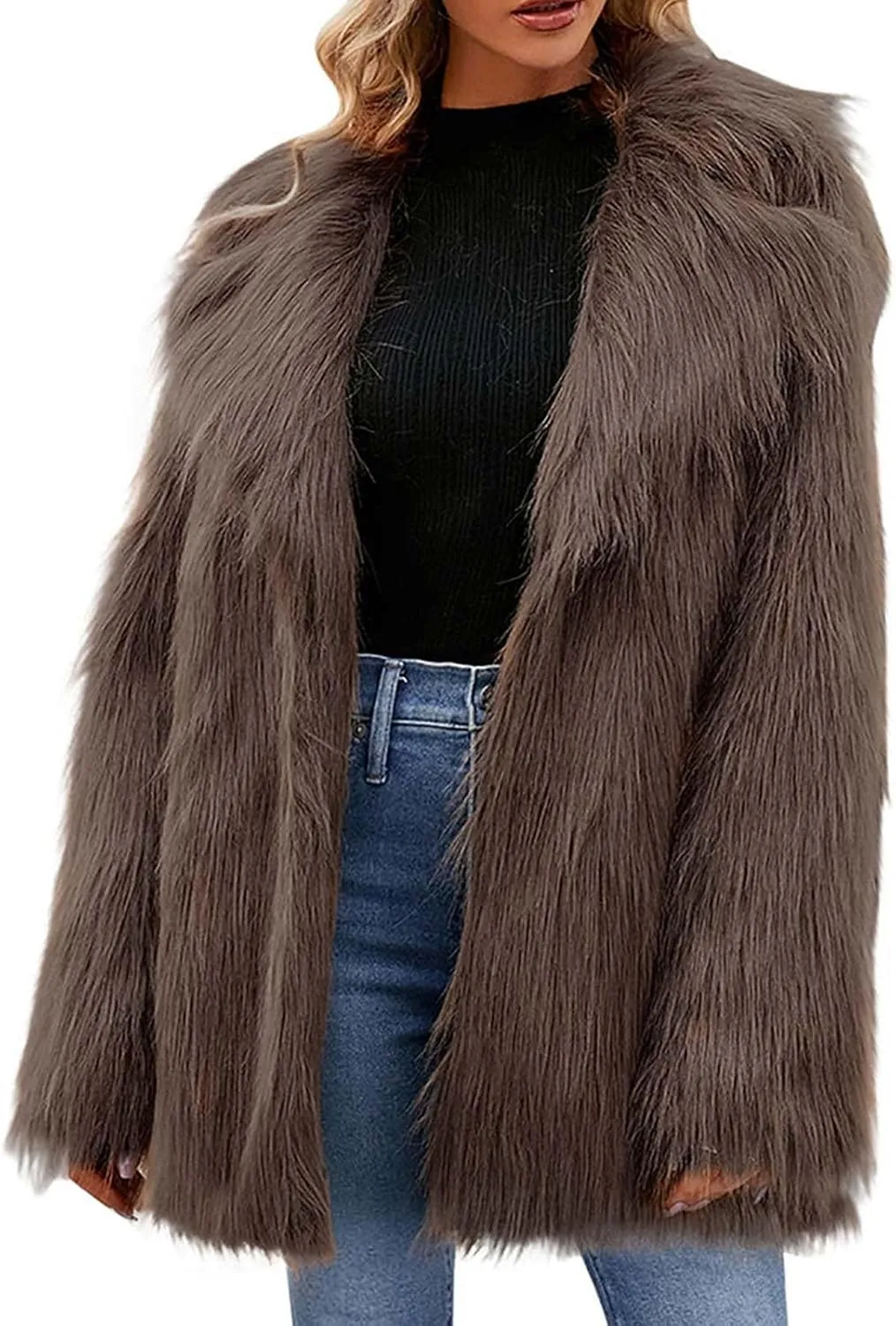 Women's Long Lapel Faux Fur Jacket Plush Shaggy Coat Elegant Warm Outerwear Cardigan Fall Winter Thicken Party Coats