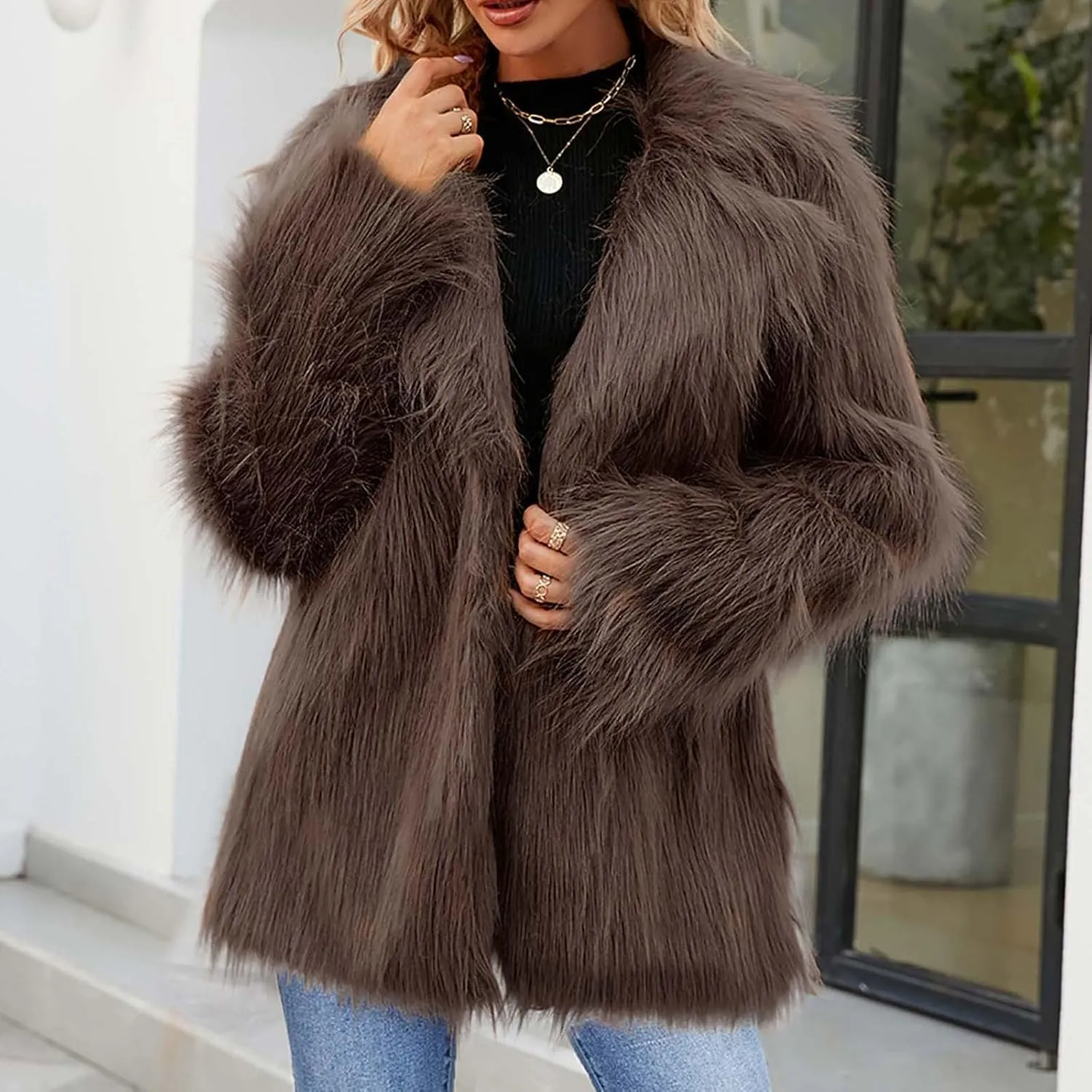 Women's Long Lapel Faux Fur Jacket Plush Shaggy Coat Elegant Warm Outerwear Cardigan Fall Winter Thicken Party Coats