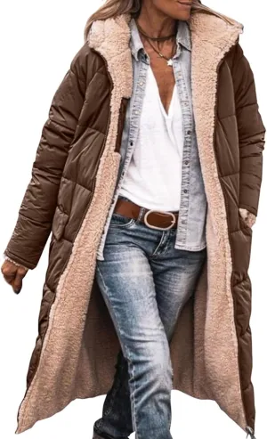 Women's Long Winter Coats Fleece Lined Reversible Hooded Puffer Jackets Windbreaker Full Zip Shearling Warm Down Coat