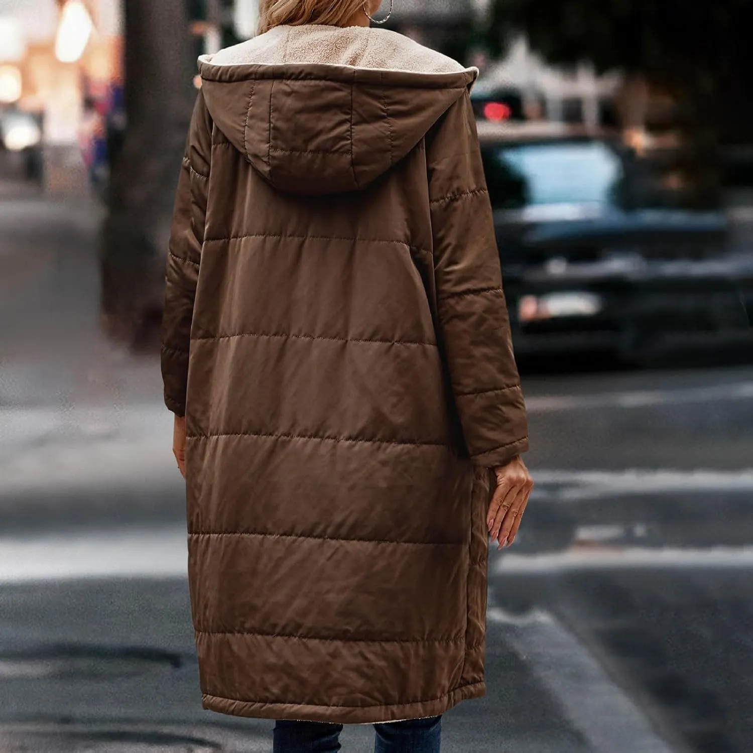 Women's Long Winter Coats Fleece Lined Reversible Hooded Puffer Jackets Windbreaker Full Zip Shearling Warm Down Coat