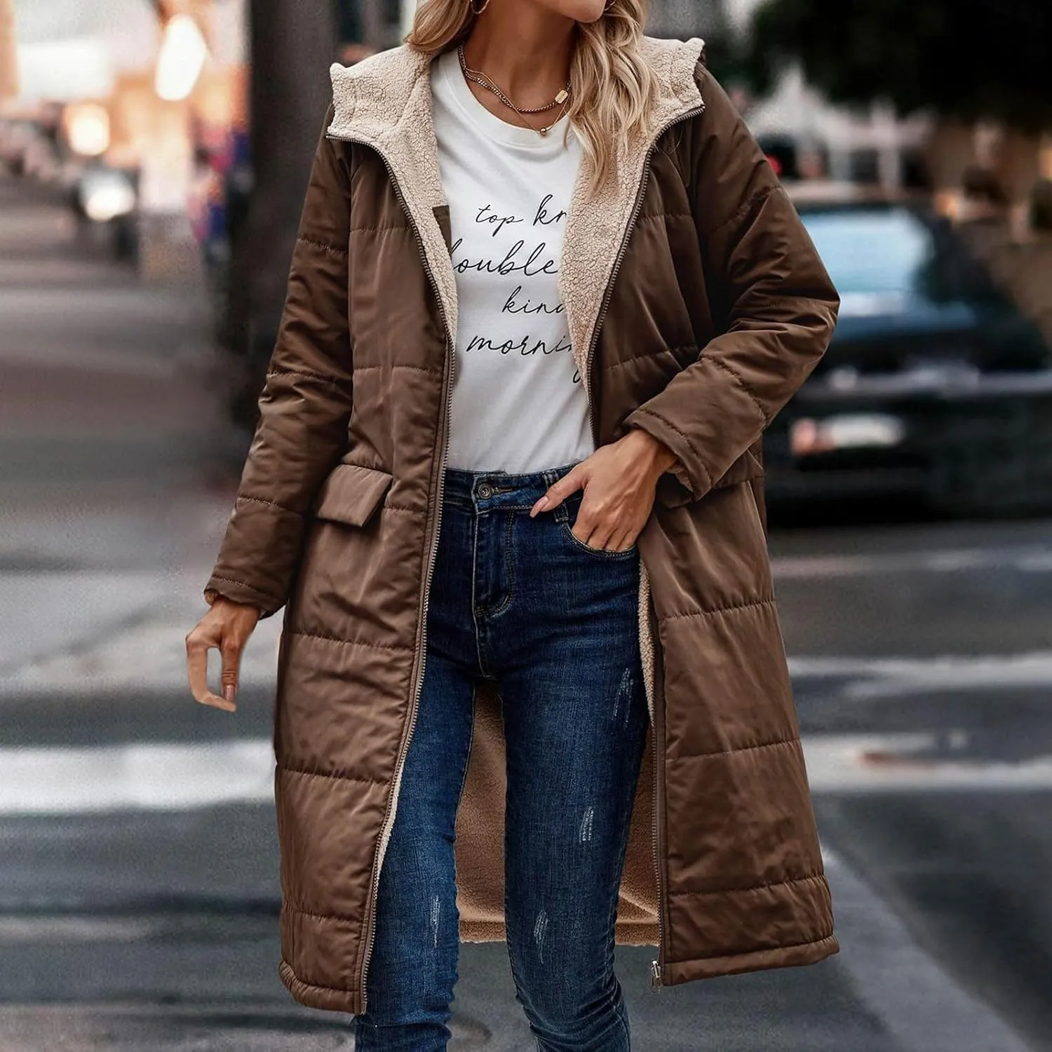 Women's Long Winter Coats Fleece Lined Reversible Hooded Puffer Jackets Windbreaker Full Zip Shearling Warm Down Coat