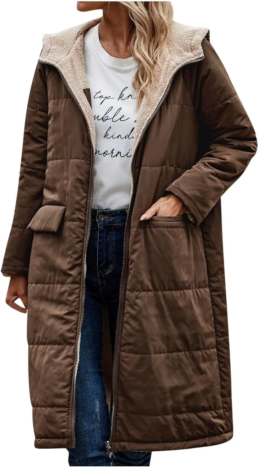 Women's Long Winter Coats Fleece Lined Reversible Hooded Puffer Jackets Windbreaker Full Zip Shearling Warm Down Coat