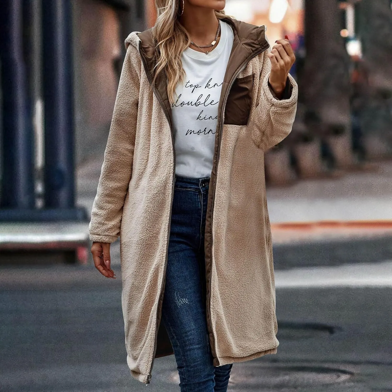 Women's Long Winter Coats Fleece Lined Reversible Hooded Puffer Jackets Windbreaker Full Zip Shearling Warm Down Coat
