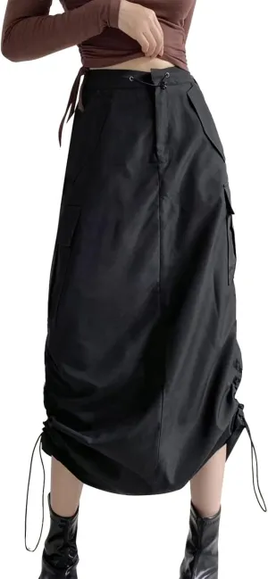 Women's Loose Casual Quick Drying Pleated Drawcord Work Suit Split Skirt Summer Midi Plus Size Skirts for (Black-B, L)