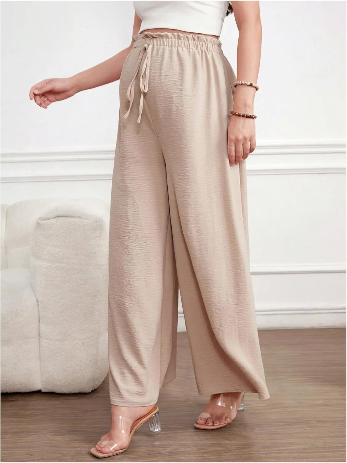 Women's Maternity Elastic High Waist Pants Knot Front Wide Leg Pregnancy Pants