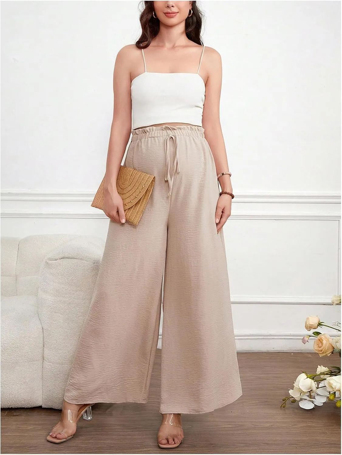 Women's Maternity Elastic High Waist Pants Knot Front Wide Leg Pregnancy Pants