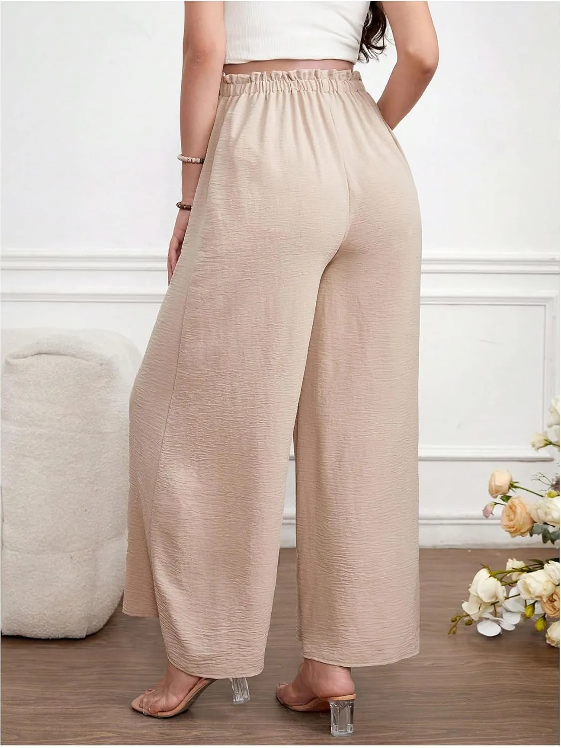 Women's Maternity Elastic High Waist Pants Knot Front Wide Leg Pregnancy Pants