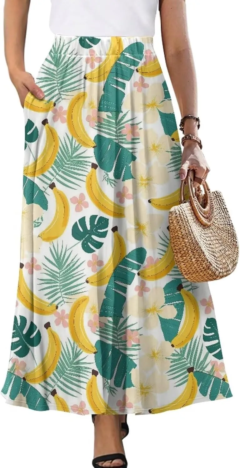 Womens Maxi Skirt Casual Pleated High Waisted Long Skirts with Pockets Flowy Swing Skirt Size S-XXL