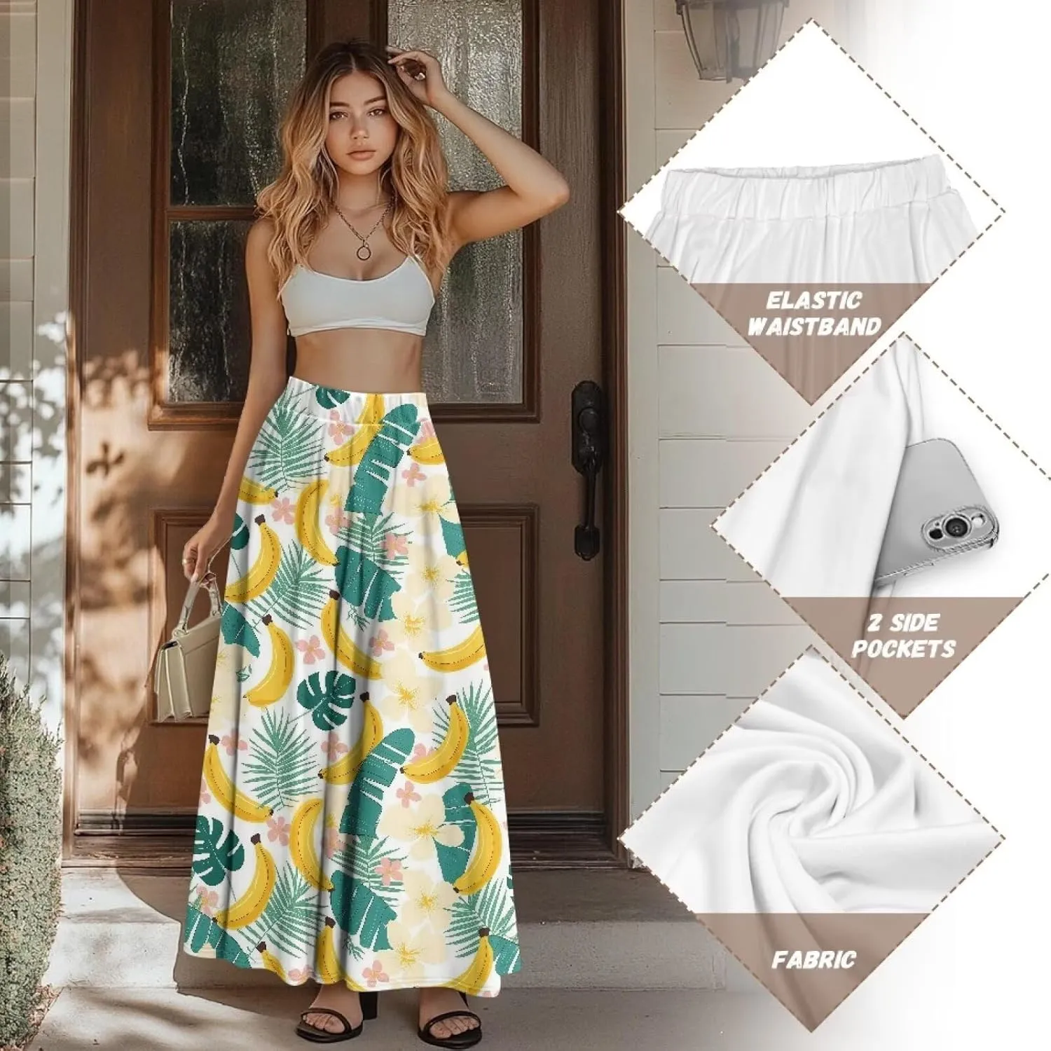 Womens Maxi Skirt Casual Pleated High Waisted Long Skirts with Pockets Flowy Swing Skirt Size S-XXL